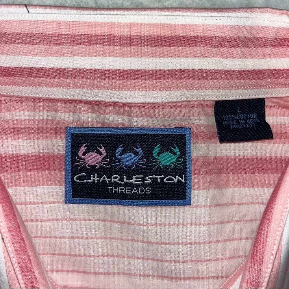 Charleston Threads Cotton Dress Shirt Mens Sz LG Pink White‎ Striped L/S Preppy - Picture 5 of 9